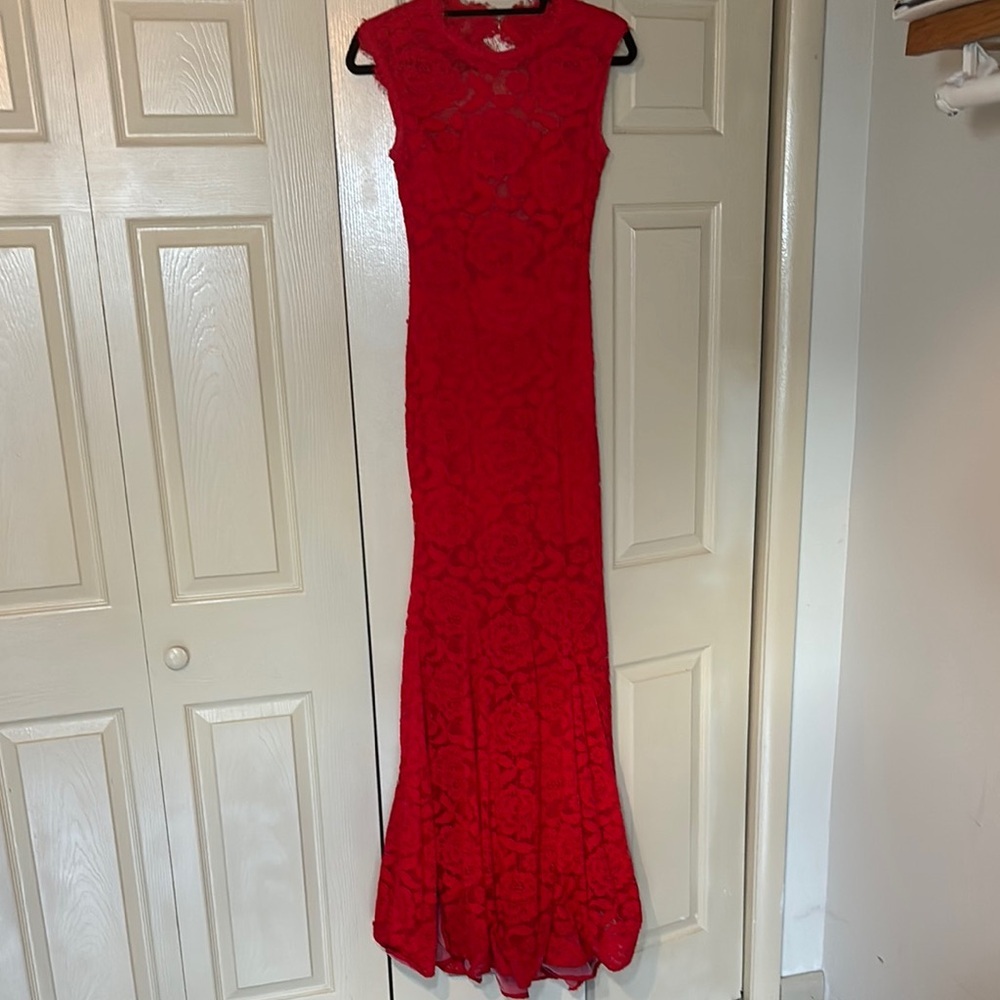 Betsy & Adam Red Cap Sleeve Prom Gown